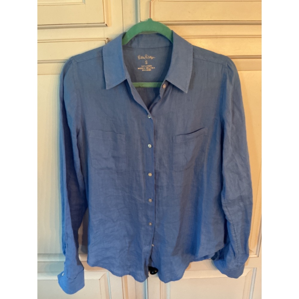 Lilly Pulitzer Blue 100% Linen Button Down Long Sleeve Shirt Small